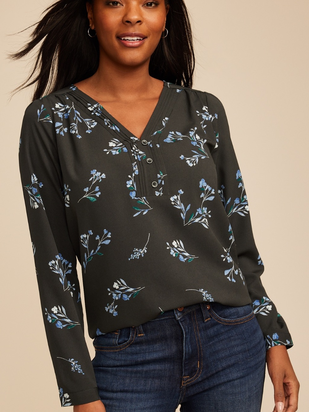 Maurices Dark Gray Floral V-Neck Henley Blouse